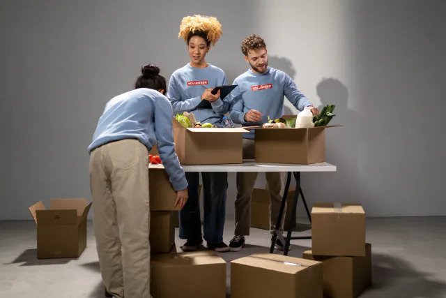 Volunteers handing out donations at a community event